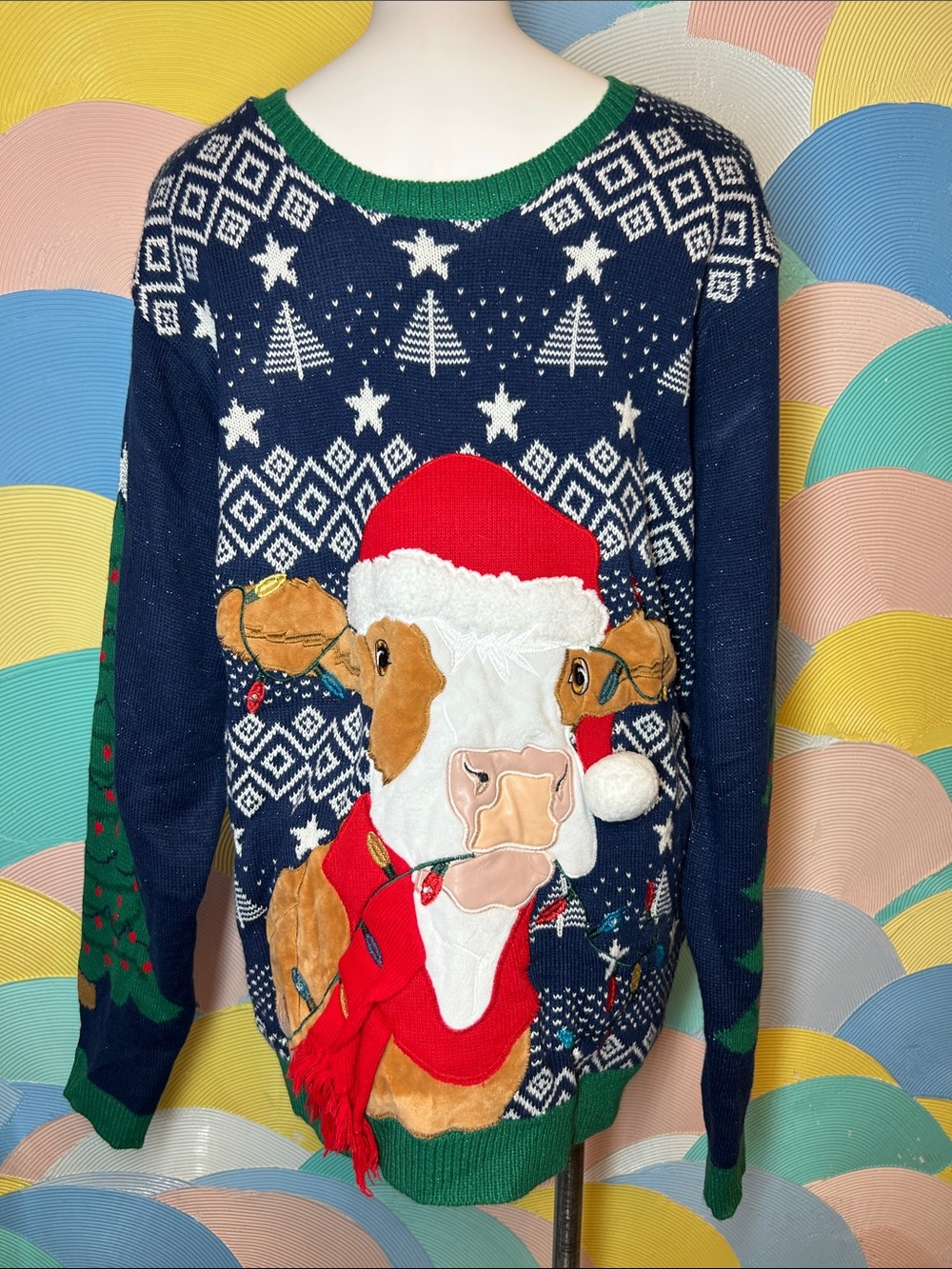 Holiday Time Festive Cow Knit Sweater - Navy, Green, Red Mens sz 2XL